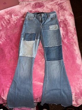 Patchwork Flared Women's Jeans - Blue